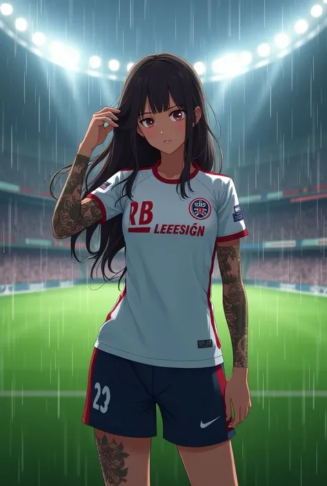  Make me an anime-style soccer player on a San Siro stadium field ,  with the RB Leipzig , Red Bull logo on the chest ,  white shirt with short sleeves and red details , red shorts , Let it be a brunette long hair color black  , And one arm tattooed and th...