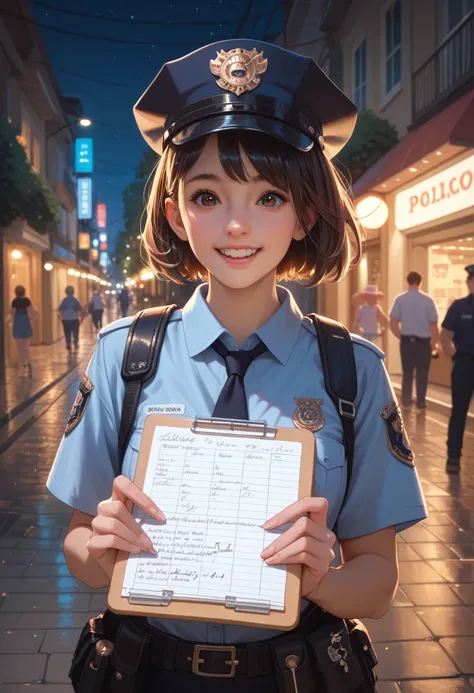 girl, cute, adorable, short hair, tall, police uniform, police hat, writing on a notepad, street, night