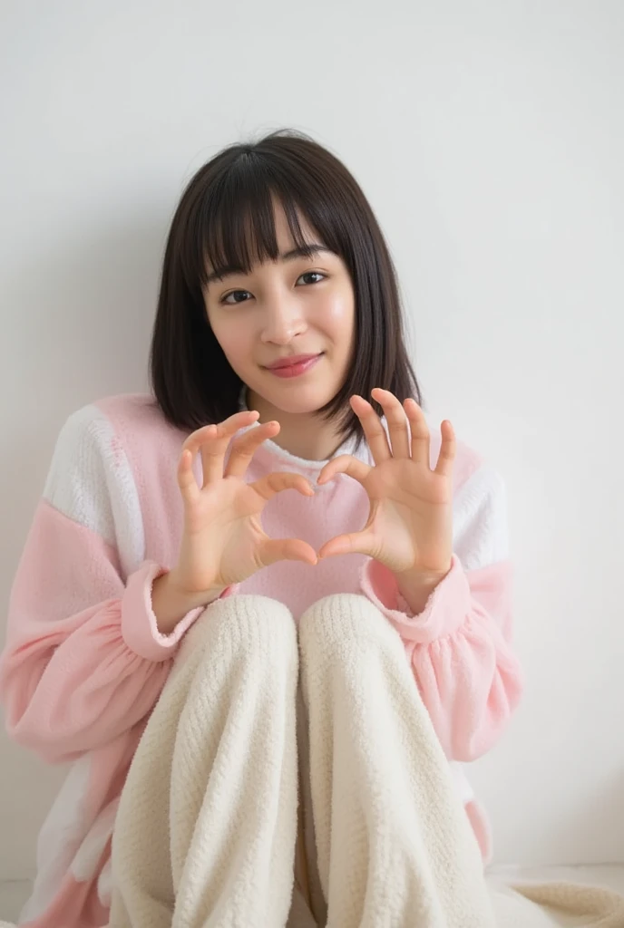 Only one woman with a cute smile wears cute, fluffy off-shoulder pajamas, makes a big heart shape with both hands, and poses them in front of her chest, View above collarbone、The background is a monotone 

