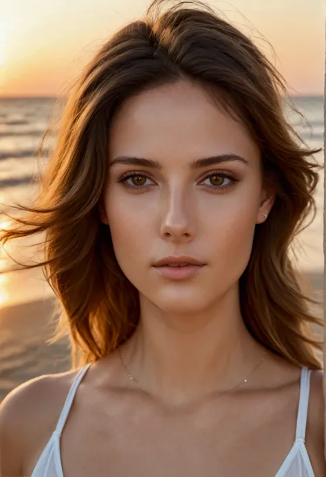 brunette woman with beautiful, delicate and healthy skin, with light brown honey-colored eyes, her straight, delicate nose proportional to her symmetrical face, her hair is slightly wavy to her dark shoulder with highlights and a sexy and sculptural body, ...