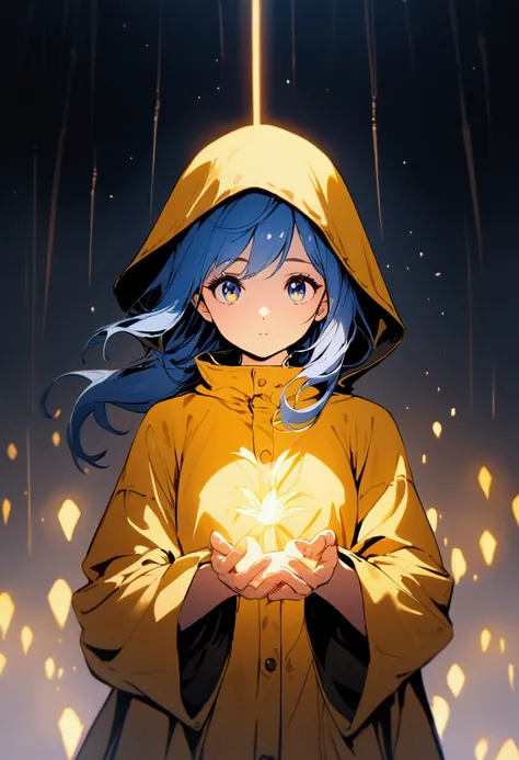 Girl with blue hair and eyes wearing a yellow raincoat creating a light with her hands 