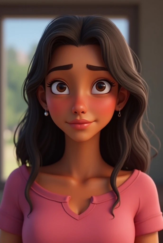  animation of a 28-year-old woman ,  brown brown skin , long and medium brown hair , indigenous features wearing a pink shirt, desktop background