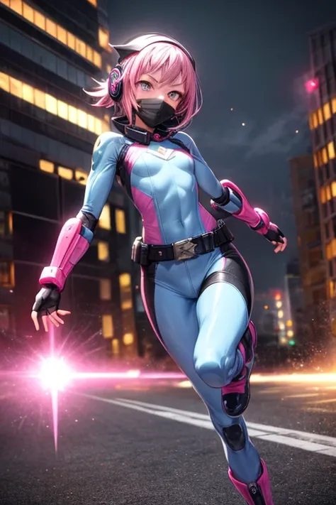 ((best quality)), ((masterpiece)), (detailed), 1 girl, full body, 20s, young adult, masked, black mask covering her entire head, smooth head, biker helmet, biker helmet with blue headphones on the sides, flashlight on her forehead, short pink hair sproutin...