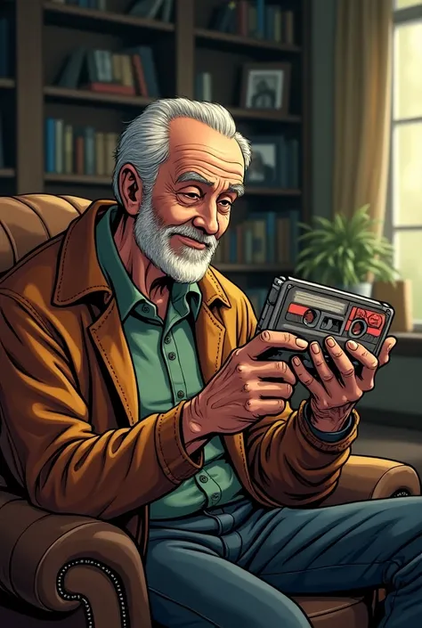 Create a comic book image of a grandfather holding a cassette