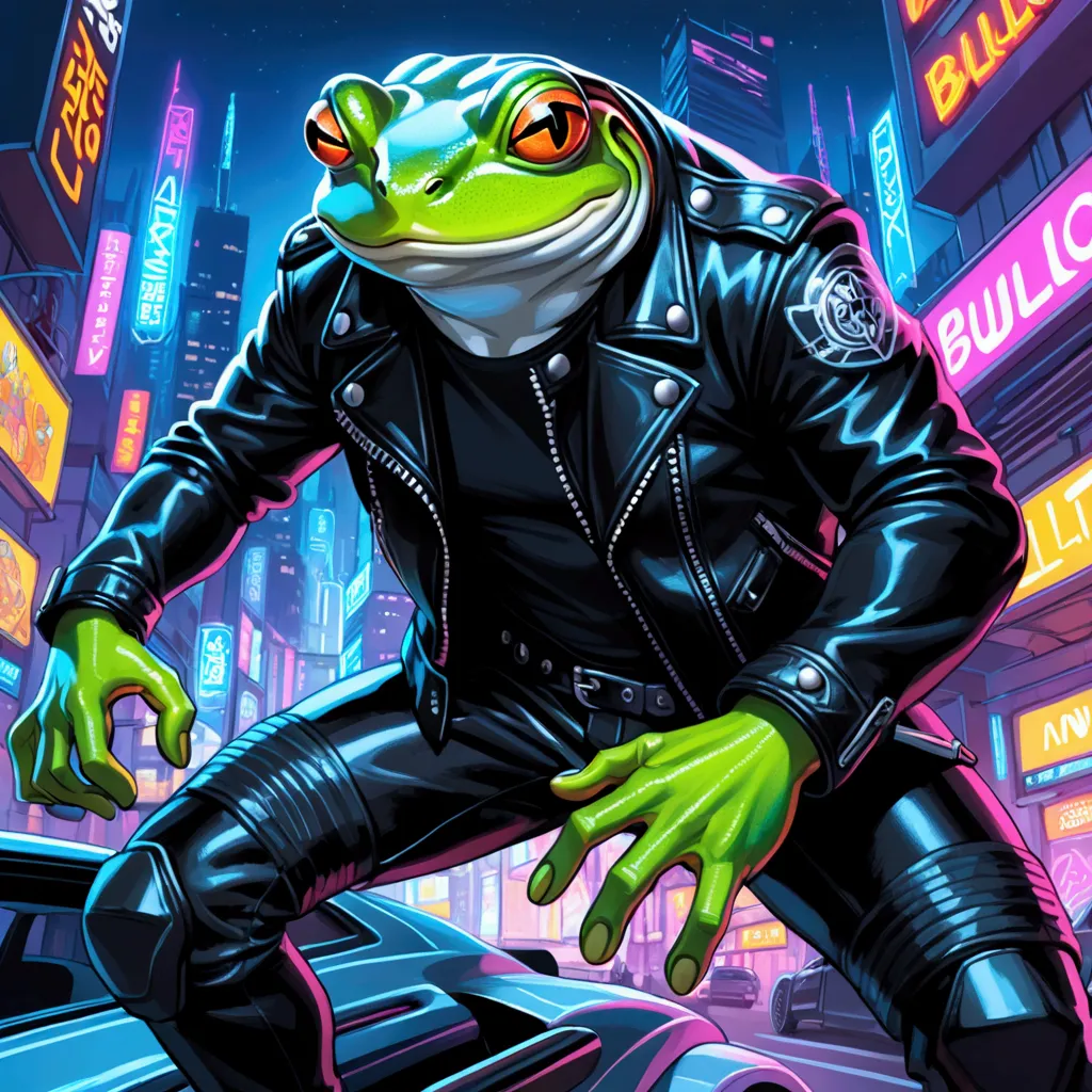 Closeup, An extremely badass anthropomorphic light blue and white bullfrog wearing an insanely cool black leather biker jacket open, black shirt, black leather biker gloves, black leather biker pants, dynamic pose in a neon lit futuristic city background, full color Brush pen drawing