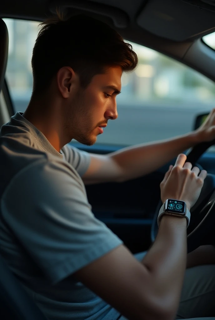 A young man sitting in the car looking at his smartwatch 