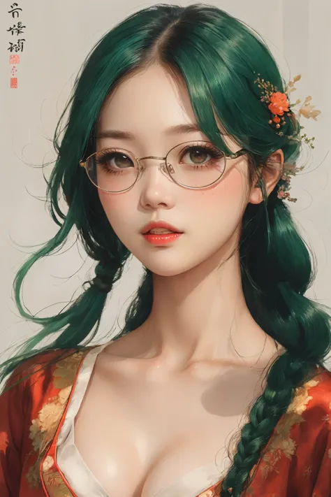 1 japanese girl, elegant erotic beautiful girl, ((long green hair with pony tail and straight bangs)), detailed face portrait, (glasses), maxi dress, adultery, indecent, vulgar, (best quality,4k,8k,highres,masterpiece:1.2),ultra-detailed,(realistic,photore...