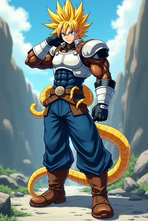  yellow-haired anime character  "1,78"
Little skewed ,  bright blue eyes a large and well-marked body with a blue and black outfit with light armor in the colors white and black, brown calsas and boots.  He has a rock snake wrapped around his waist and his...