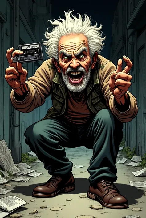 Create a comic book image of a crazy old man holding a cassette