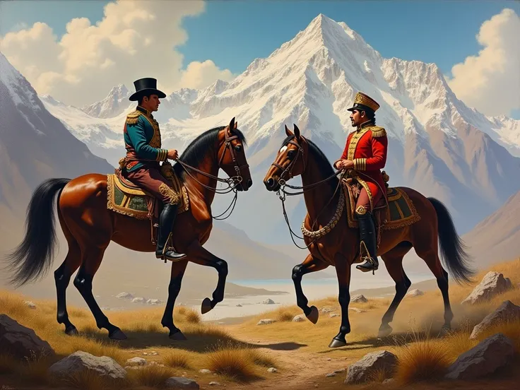 Simon Bolivar and Saint Martin on horses in a landscape of the Peruvian Andes 