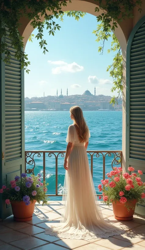 Shuttered house terrace flowers sea Istanbul blonde long sleeve neckline closed chiffon dress looking at the sea 