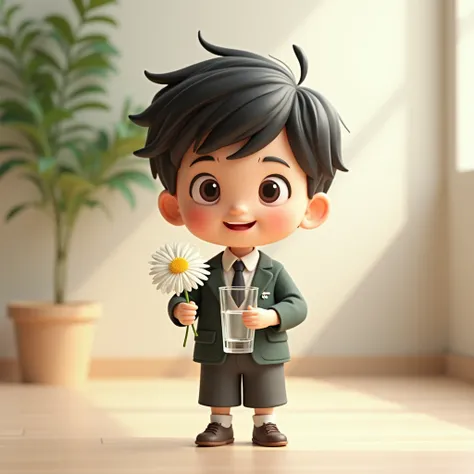 Boy student, holding a glass of little water and holding white chrysanthemum, chibi 3D animation style