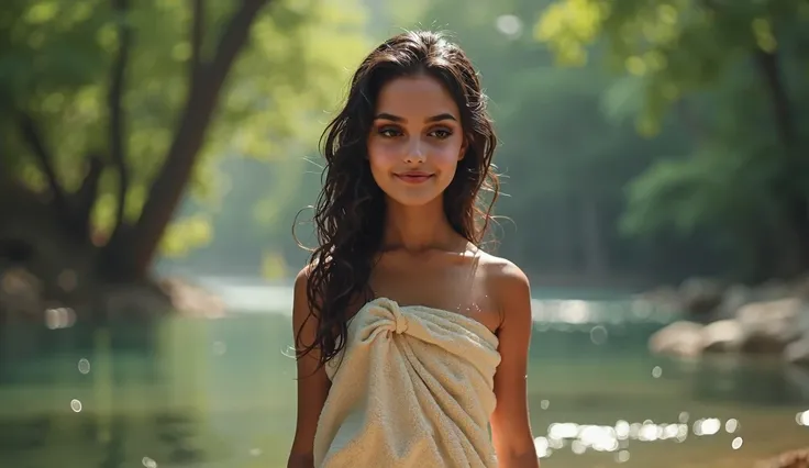 An indian teen girl, in towel, wet,in river,small breast, skinny body,fair skin, sweet smile,full body image , front view 