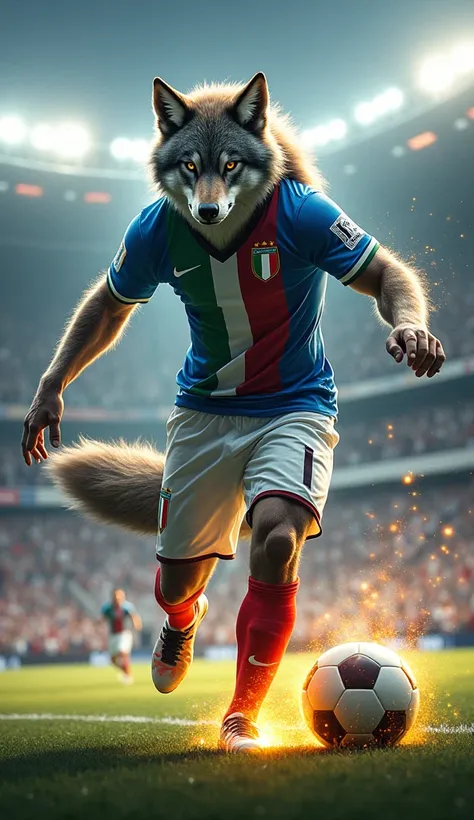 8. Italy (Wolf)
"Illustrate a hybrid figure with the head of a wolf, dressed in Italy’s football kit. The character is in action, kicking a football in a bustling stadium. Their body radiates a powerful mystical glow, captivating the cheering crowd."