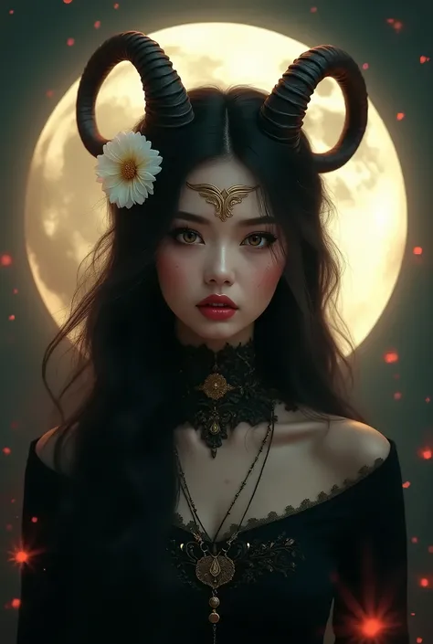 A mystical portrait of a young woman with dark hair adorned with a white flower and two curved horns. She has striking features, including freckled skin and piercing eyes that convey an intense emotion. A golden ornament rests on her forehead, and she wear...