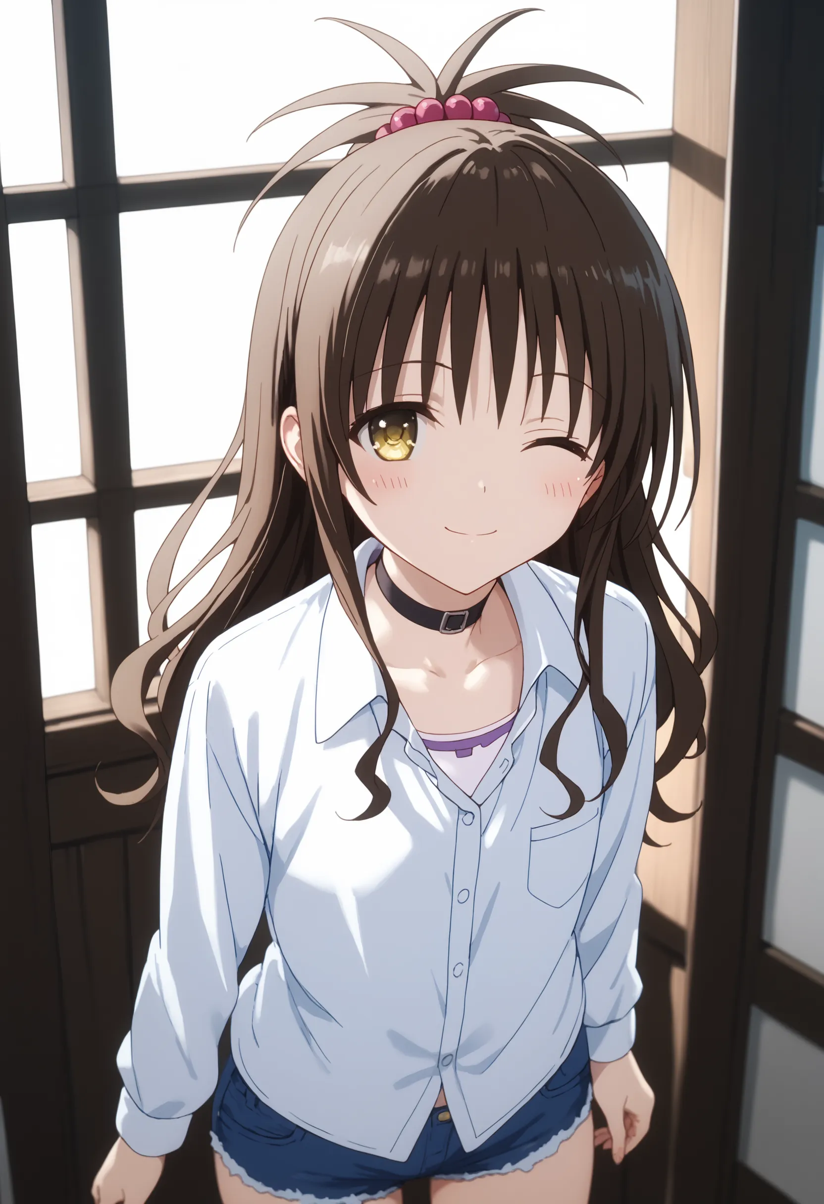 score_9,score_8_up,score_7_up,looking at viewer,smile,blush,yuki mikan,long hair,brown hair,hair ornament,hair bobbles,sidelocks...