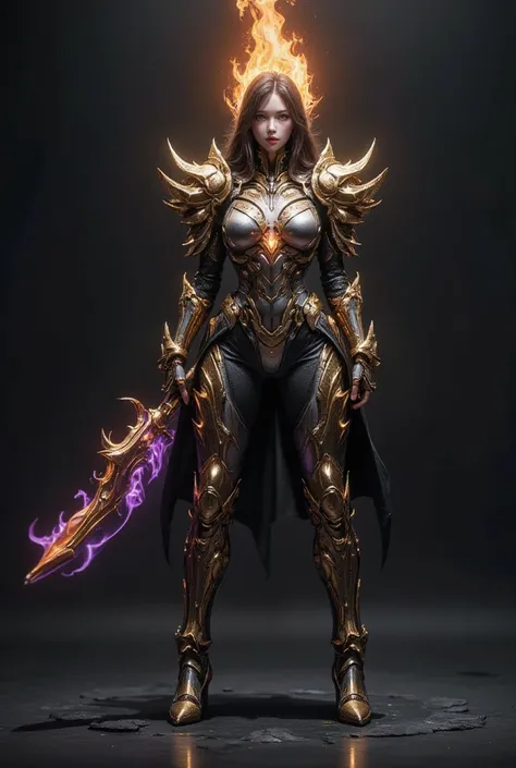 Hyper-realistic crazy mech, extremely beautiful full body Dark Assassin, goddess face girl, red lips like velvet, two red eyes like burning fire but charming, intricate design, sharp edges, large purple-gold flame weapon, Mega gold-platinum armor reflects ...