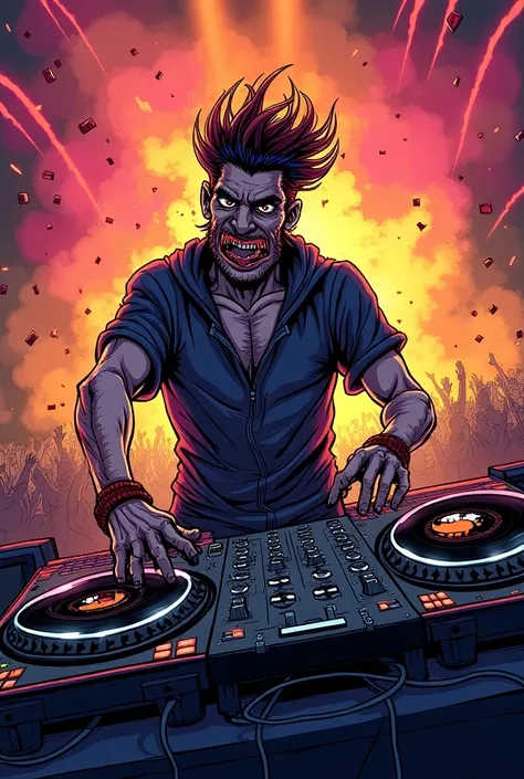 Create a comic book image of a crazy DJ 