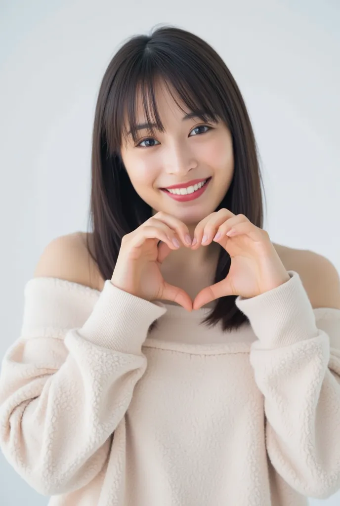 only one woman with a cute smile wears cute, fluffy off-shoulder pajamas, makes a big heart shape with both hands, and poses the...