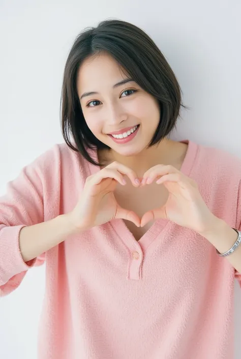 only one woman with a cute smile wears cute, fluffy off-shoulder pajamas, makes a big heart shape with both hands, and poses the...