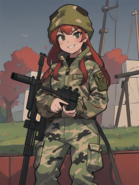 girl with smile and red hair, with a camouflage jacket, camouflage balaclava, camouflage pants and army boots.