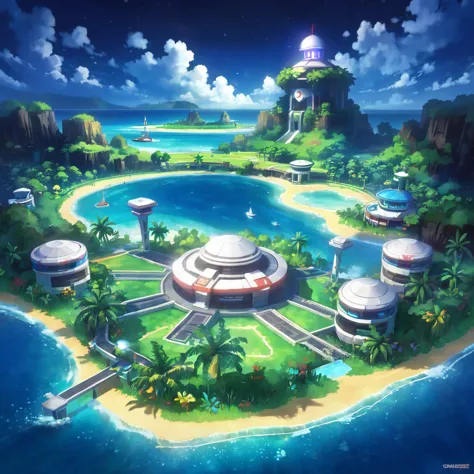 pokemon island , night, hawai, futurystic