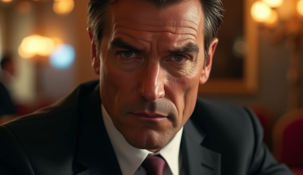 "hiperrealist 
"A close-up portrait of a wealthy man in a luxurious casino. He has a confident, intense expression, wearing a perfectly tailored suit. His gaze is sharp and calculating, exuding power and control. The background is softly lit with hints of ...