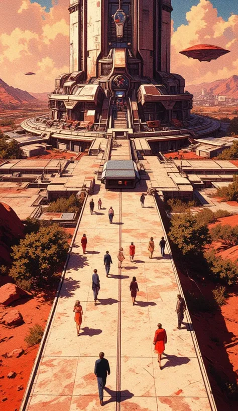  On the ground of Mars an extremely technological base ,  with flying cars , domes in cities .  People in clothing from the 60s roam the marble sidewalk with elegance. 
 Sandstorm far away.
aerial view. 
anime style 32K, HDR, UHD, intricate detail, extreme...