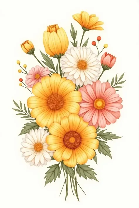 Design of a bouquet for laser engraving with marigold flowers, cosmos and chrysanthemums .