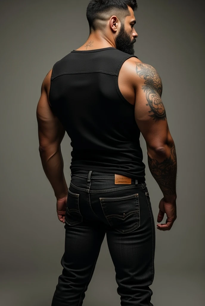 Hyperrealistic hunky super Latin handsome man with short beard super stocky with tattoo on one arm big biceps strong and muscular legs in tight bulging jeans (((Between the leg big bulge exaggerated bulge big buttocks ))) with great fashion shirt and black...