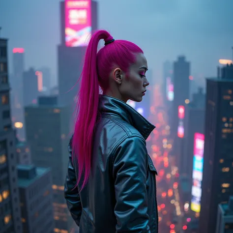  A woman with vibrant pink hair , dyed in neon tones ,  is standing atop a skyscraper , almost naked,  wearing only futuristic pieces of clothing ,  The sky is laden with dark and polluted clouds .  She is wearing only futuristic pieces of clothing ,  a de...