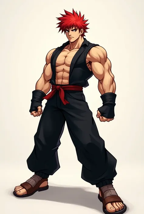  a cartoon image of a male character with red hair and black pants, Baki style,   full body image , Baki the fighter ,  full-body shot with zoom out , baki, Muscular character, Character from King of Fighters,  Distant full body view , Powerful posture, fu...