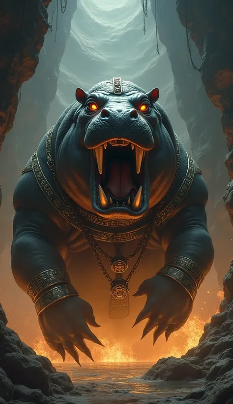 Powerful Egyptian deity hippopotamus shackling darkness in the underworld