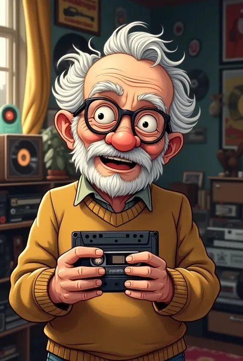 Create a cartoon image of an old man holding a cassette