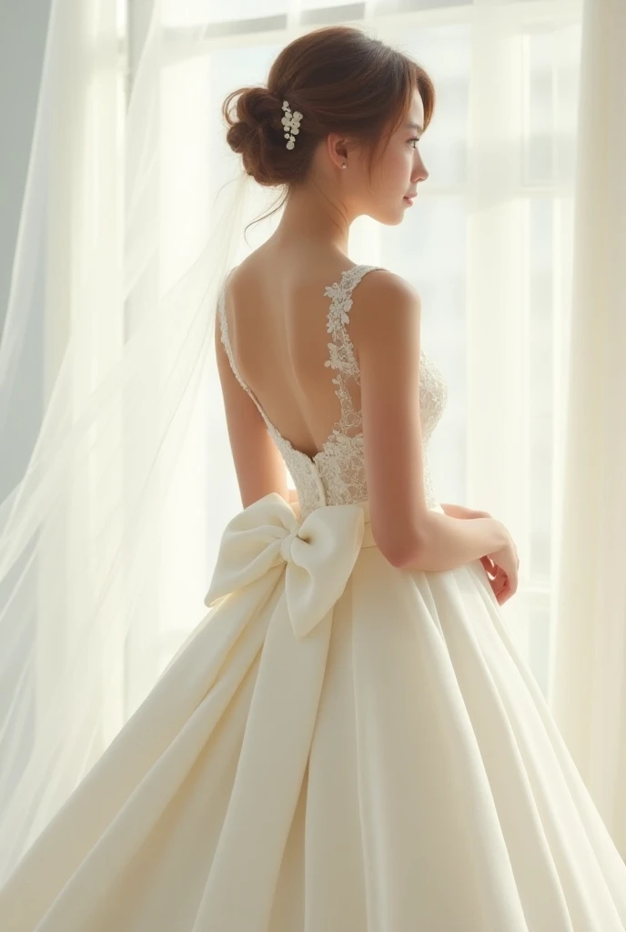  Make a wedding dress with little lace and embroidered , with a skirt/ tie with a large bow on the back ,  spliced on the “belt”... the skirt not so armed and not so unarmed, median . And the transparent veil behind ,  with a half-fastened hair 