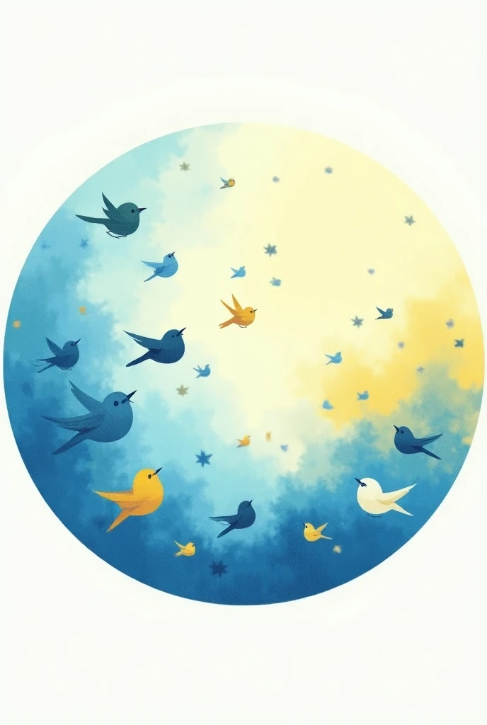 a round image with little birds and that the image contains blue and yellow