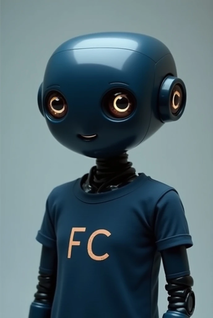 Elegant dark blue robot ,  with a mouth that greets and smiles ,  with a t-shirt that says FC in the middle 