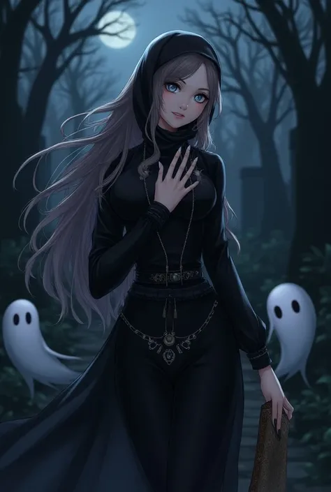 Rain spiritualist Zorga character as feminime, anime style, wearing cloth as Zorga wear with more details, cloth with dark colour theme, long wavy hair, outdoors, surround by cute tiny ghost in background, middle of night, cemetery, mocking pose, Cardfight...