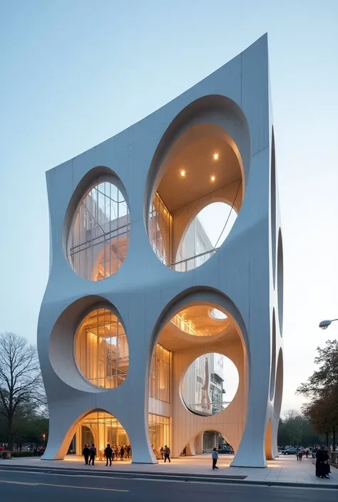 A building that the structure is part of the design and that is with structures with arches and circles of 4 poles.