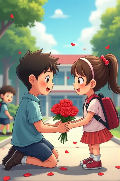 street,   In the center of the frame is a little boy sitting on his right knee   ,    distributing a gorgeous bouquet of three red roses to the girl standing in front of him,    A girl pulls the river into a bouquet   ,Surprise expression , (   A schoolgir...