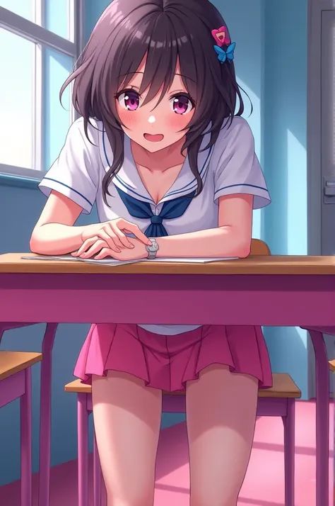  very bright and clear color  , Marin Kitagawa - My dress , My dear ass  , At school with skirts  ,  crouched pink school desk showing my ass , pink underwear on  