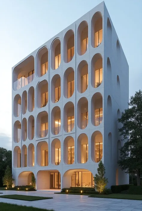 A building that the structure is part of the design and that is with structures with arches and circles of 4 panels of 5 floors