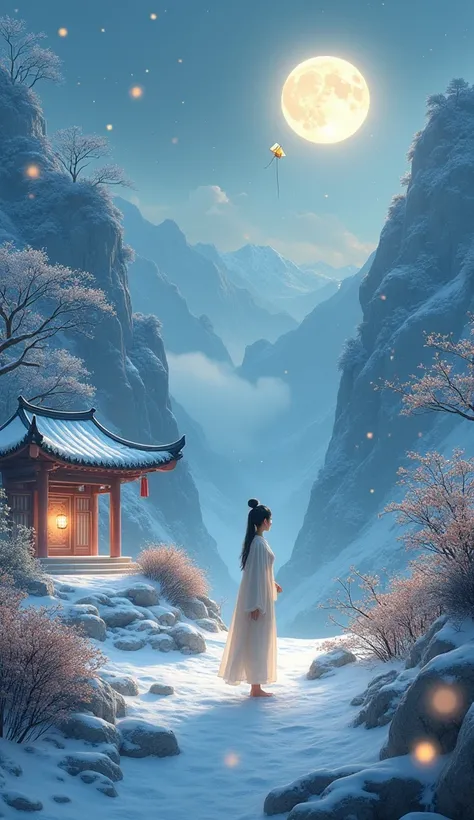  Ancient Chinese scene , (( hot spring)), (heavy snow ), ( cute Chinese girl and firefly), (paper kite ), (midnight), (moon),  mountaintop shrine , ((flower)), beautiful landscape,  realistic lighting , masterpiece,  high quality,  beautiful graphics ,  is...