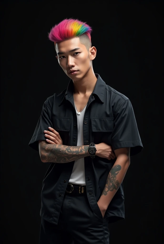 A short haired and rainbow-colored Korean man standing and styled like a gengster in a short-sleeved black background in the name of ya ADI