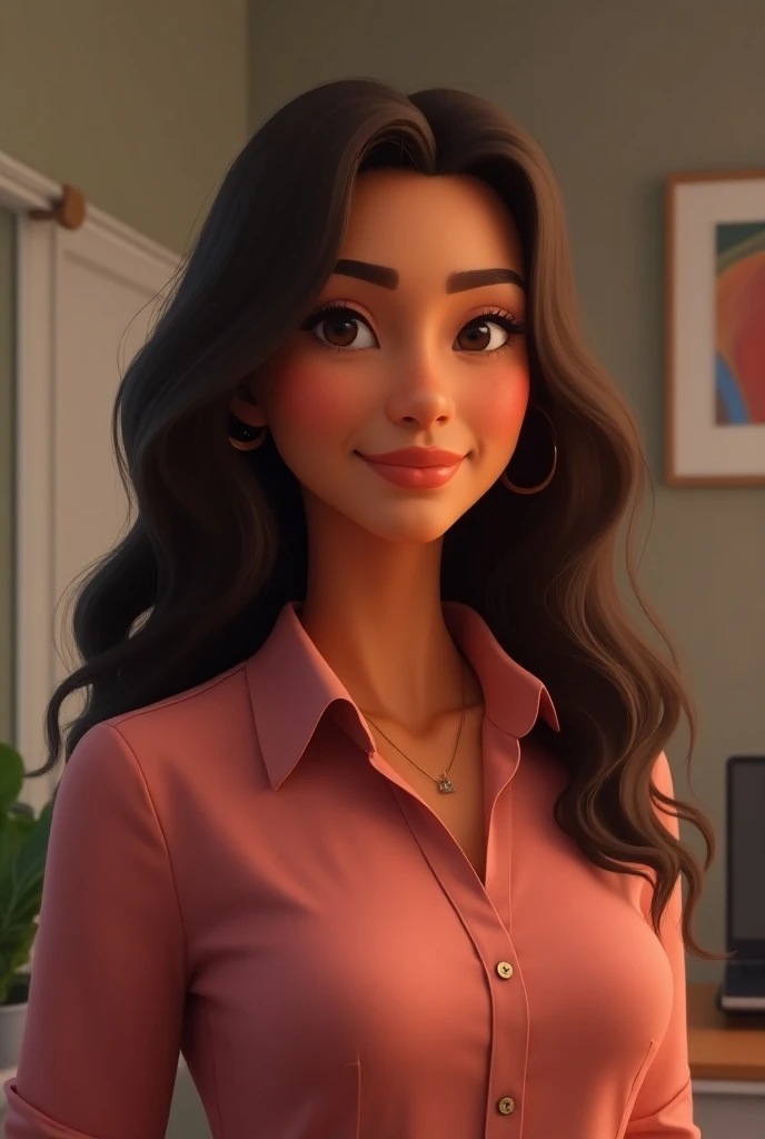  animation of a 28-year-old woman , pele morena, long and medium brown hair , indigenous features ,  Wearing Rose dress shirt, desktop background