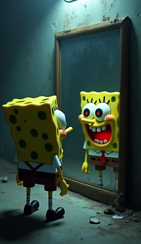 "Bob Esponja,  in his normal and friendly look from the classic cartoon ,  is facing a mirror .  While he has an innocent and curious expression ,  the reflection in the mirror shows a creepy version of him :  glowing red eyes , sharp teeth, and an ominous...