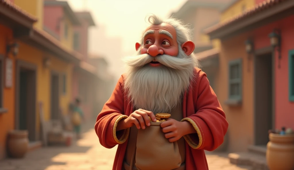 Generate 3d animated image of Indian folk old man with white beard wearing red dress and taking biscuits from his bag in a Town in fog