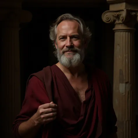 Create a realistic image of a classical Greek philosopher with a thoughtful expression and wise features. Show a middle-aged to elderly man with a full beard and slightly wavy gray hair. He is wearing a traditional Greek toga in deep red and burgundy tones...