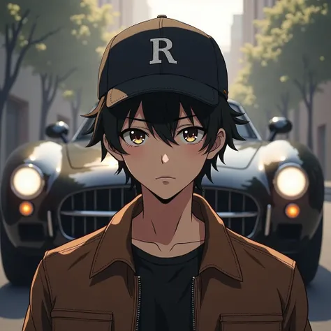 
Limage est un gros plan dun jeune homme animé japonais aux traits délicats et aux cheveux noirs courts, coiffé dune casquette de baseball noire avec une lettre « R » blanche brodée sur le devant. Il porte une veste en cuir marron foncé et son expression e...