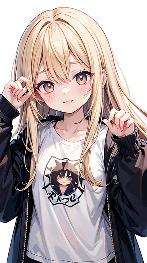 anime giri brown eyes straight nose full lips half-up blonde hair playful smile confident oversized t-shirt parka  jewelry piercing film grain white background